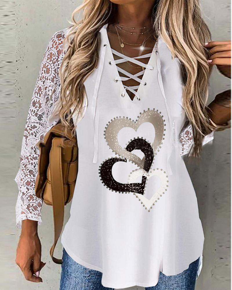 

Heart Print Eyelet Lace-Up Contrast Lace Long Sleeve Top, White