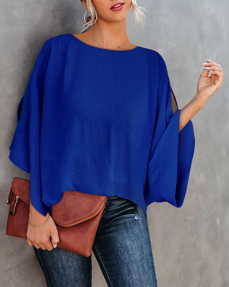 

Round Neck Split Sleeve Top, Blue