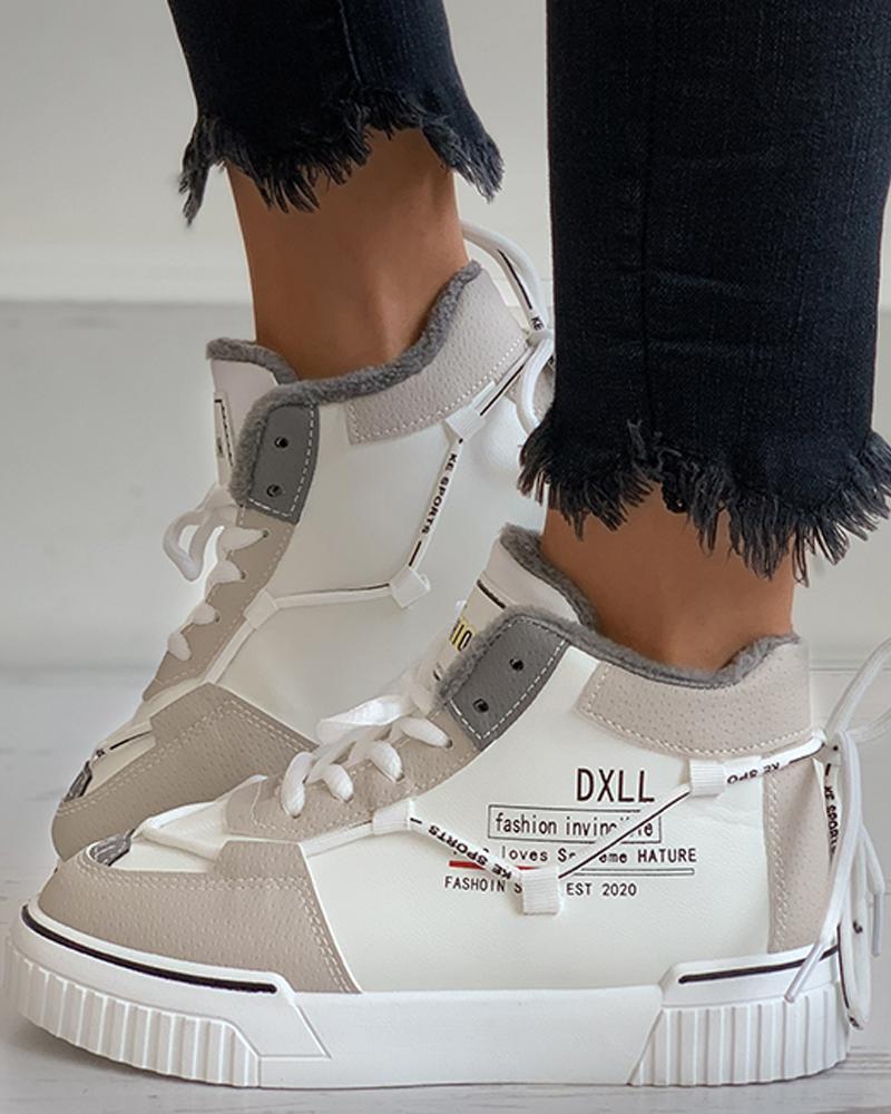 

Letter Print Colorblock Lace-up Warm Sneaker, Gray