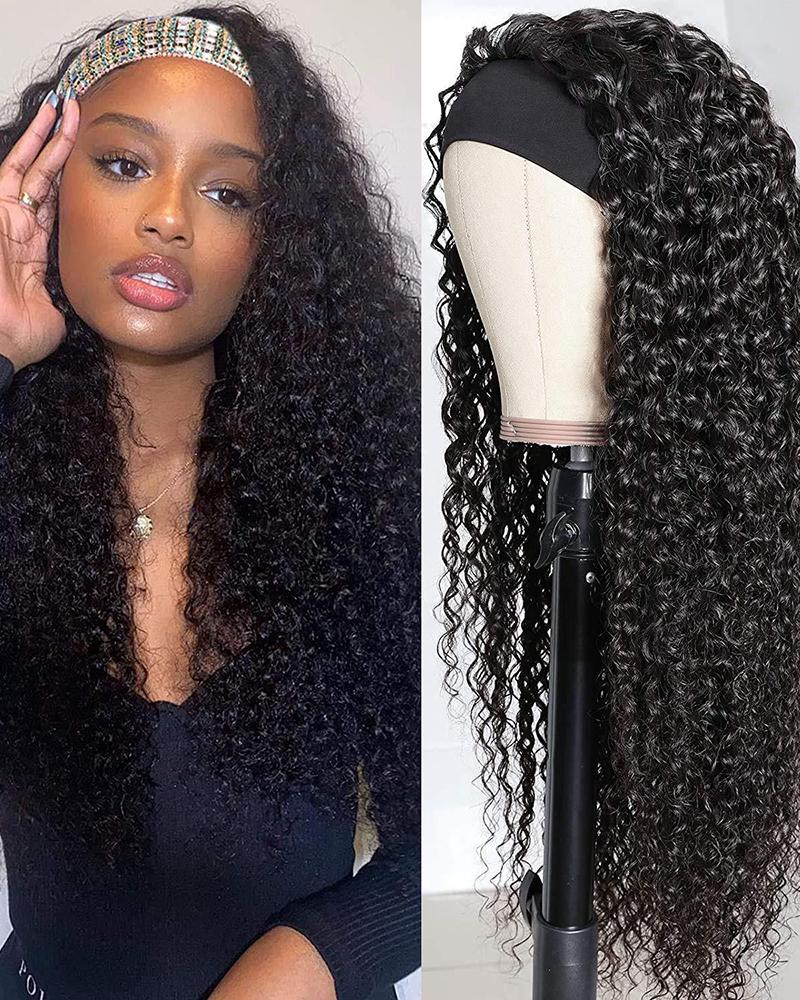 

Deep Wave None Lace Front Wigs Curly Synthetic Headband Hair Wig, Black
