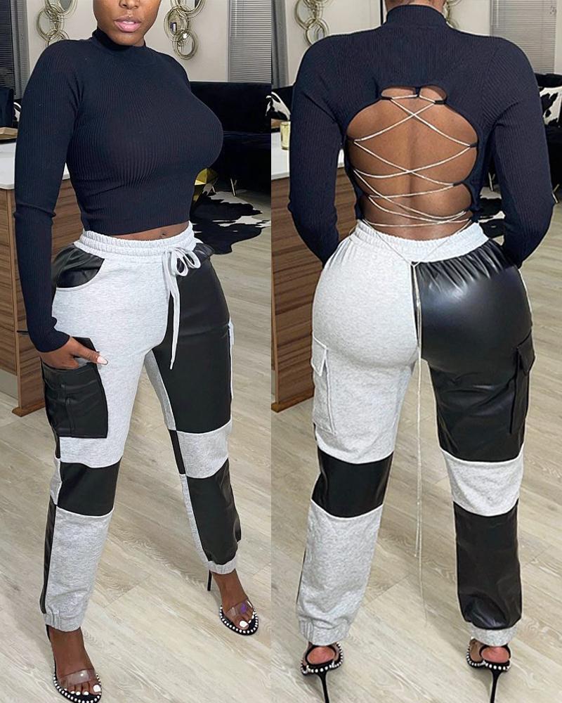 

Lace-up Top & PU Leather Patch Drawstring Pants Set, Light gray