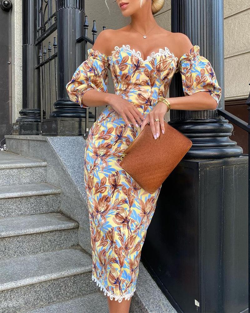 

Floral Print Lace Trim Puff Sleeve Dress, Yellow