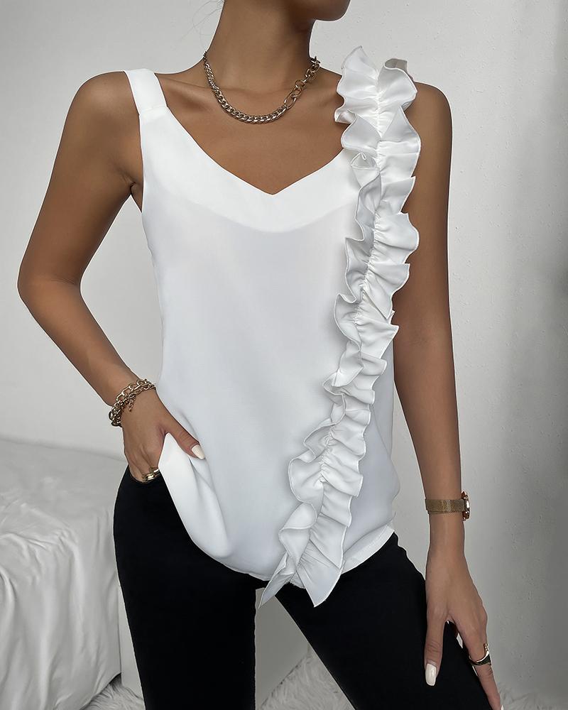 

Thick Strap V-Neck Ruffle Hem Top, White