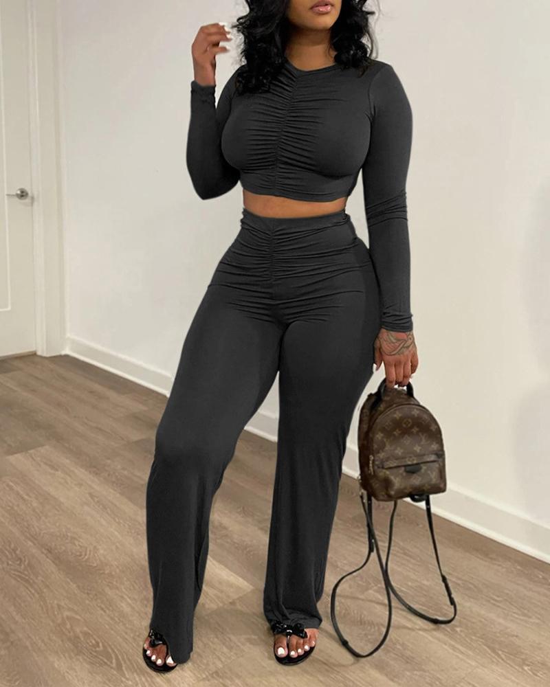 

Ruched Long Sleeve Crop Top & Wide Leg Pants Set, Black
