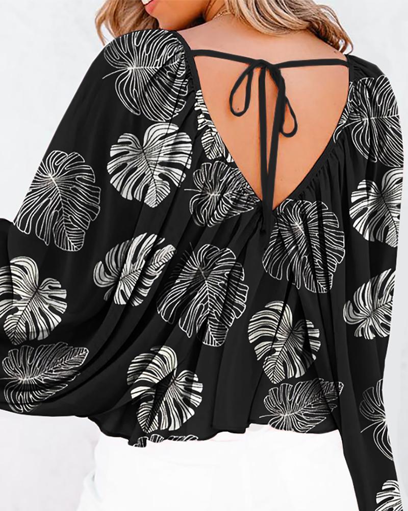 

Leaf Print Tied Detail Backless Batwing Sleeve Top, Black