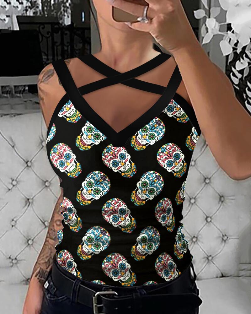 

Halloween Skull Print Tank Top, Black