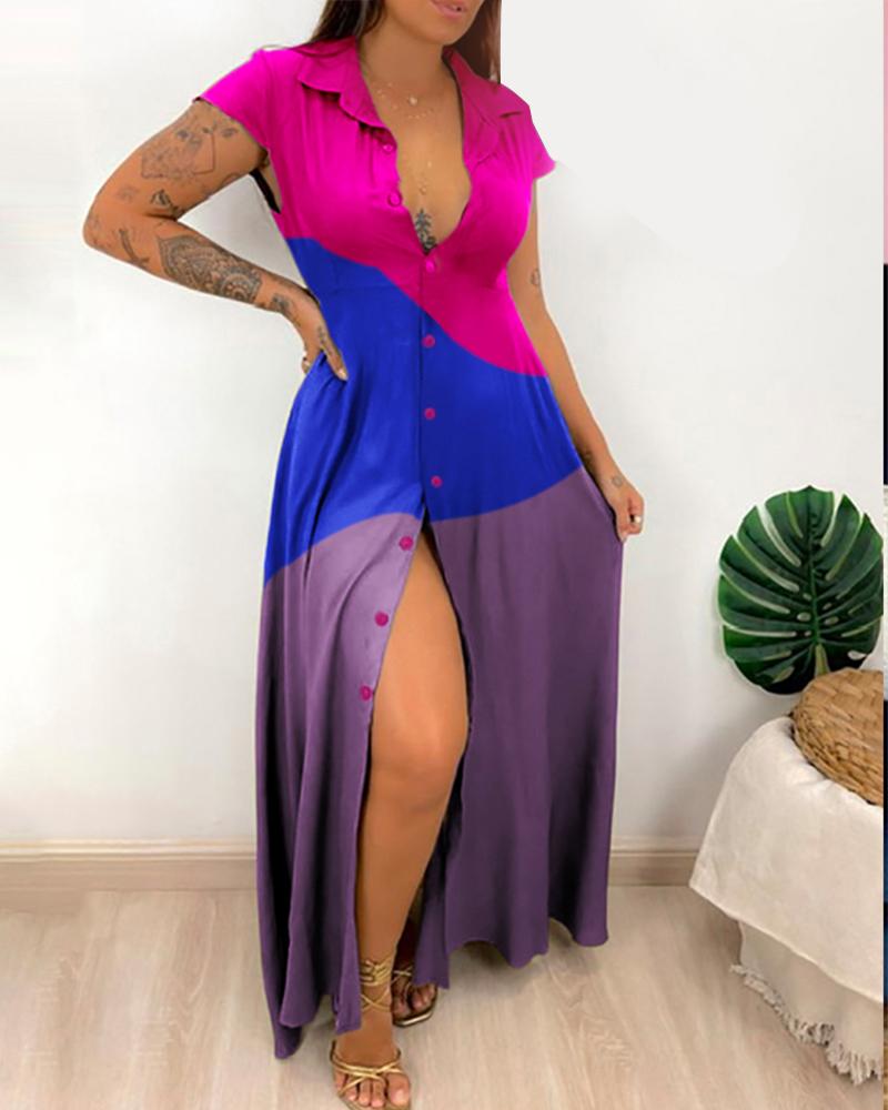 

Colorblock Button Front Short Sleeve Shirt Dress, Multicolor
