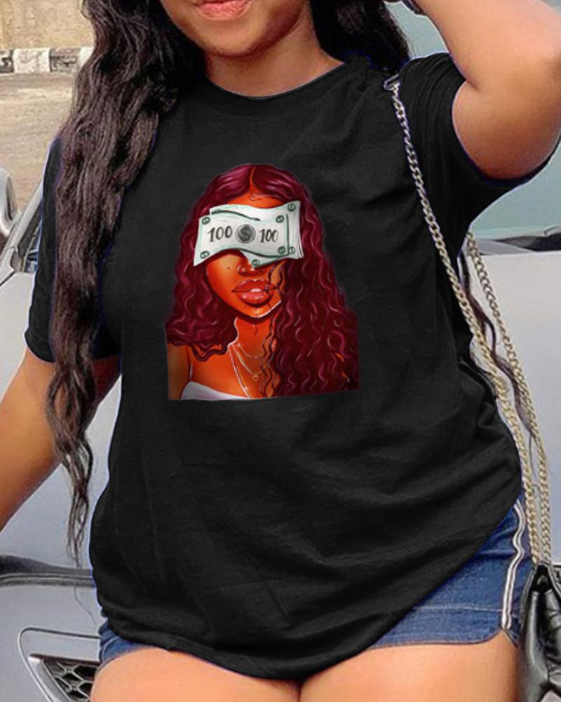 

Cartoon Cool Girl Print Short Sleeve T-shirt, Black