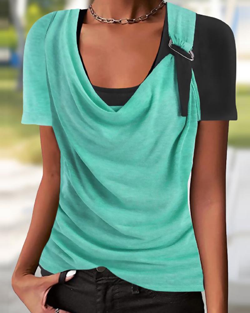 

Fake Two Pieces Cowl Neck Short Sleeve Buckled Rop, Green