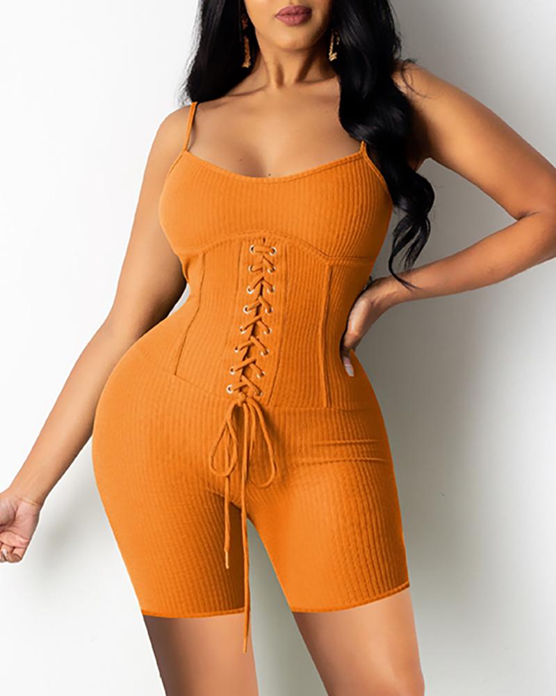 

Eyelet Lace-up Spaghetti Strap Romper, Orange