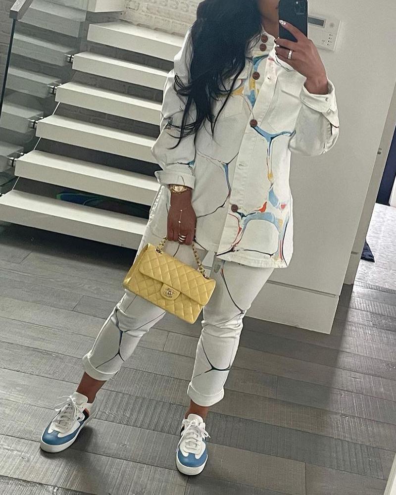 

Colorblock Long Sleeve Button Design Coat & Pants Set, White
