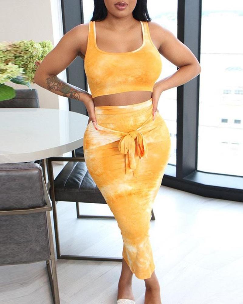 

Tie Dye Print Top & Tied Detail Maxi Skirt Set, Yellow
