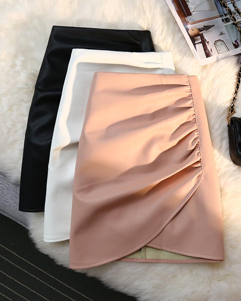 

Ruched PU Leather Zipper Design Skirt, Pink