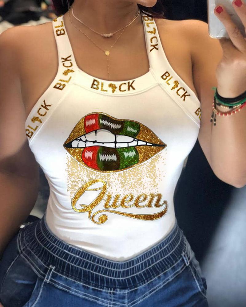 

Glittering Lip/Queen Print U-neck Tank Top, White