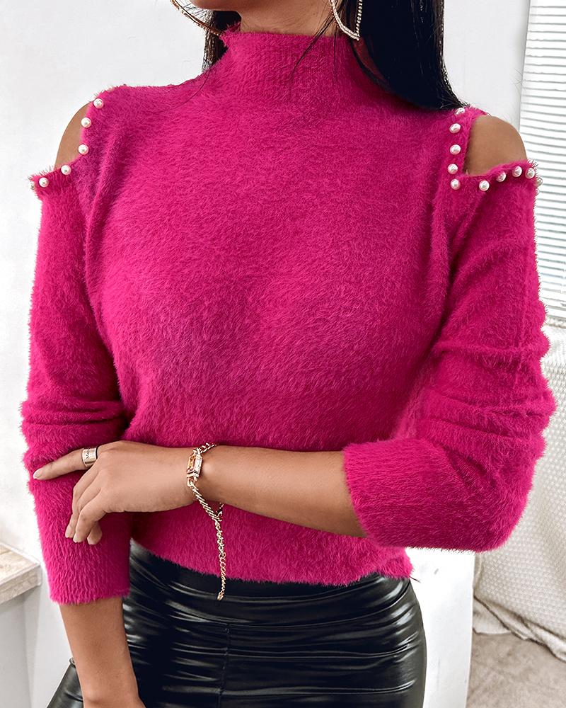 

Mock Neck Cutout Pearls Decor Knit Sweater, Hot pink