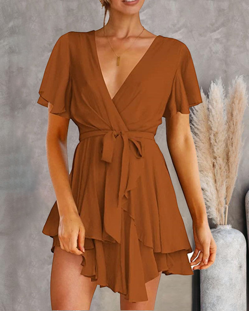 

Overlap Collar Ruffle Hem Belted Casual Dress, Orange