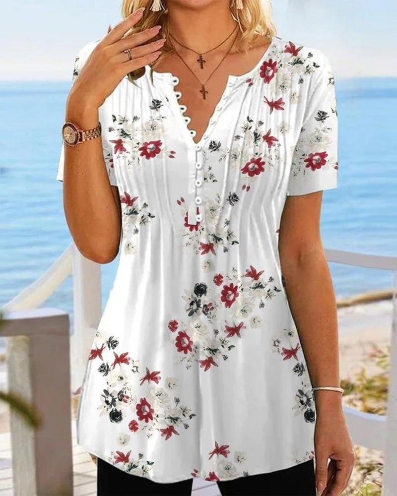 

Floral Print Short Sleeve Button Front Top, White