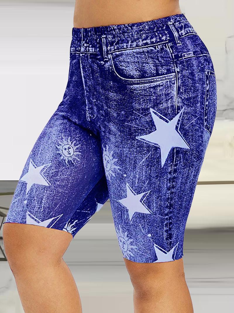 

Star Print High Waist Sports Leggings Yoga Shorts, Blue