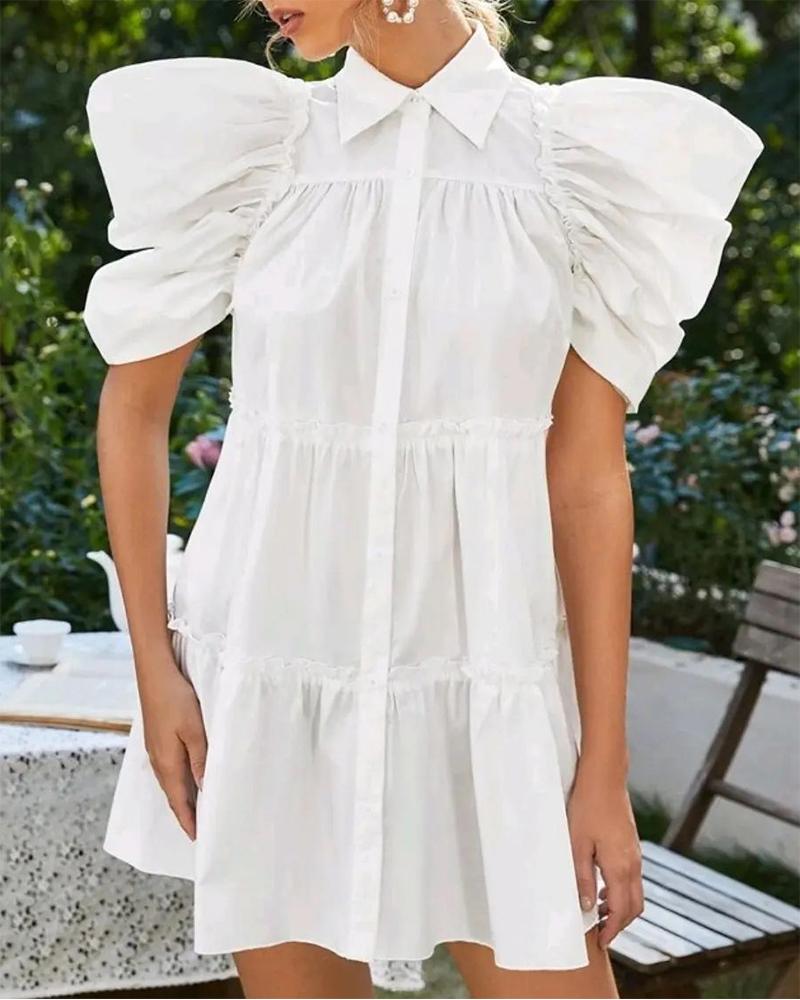 

Puff Sleeve Button Front Ruched Shirt Dress, White