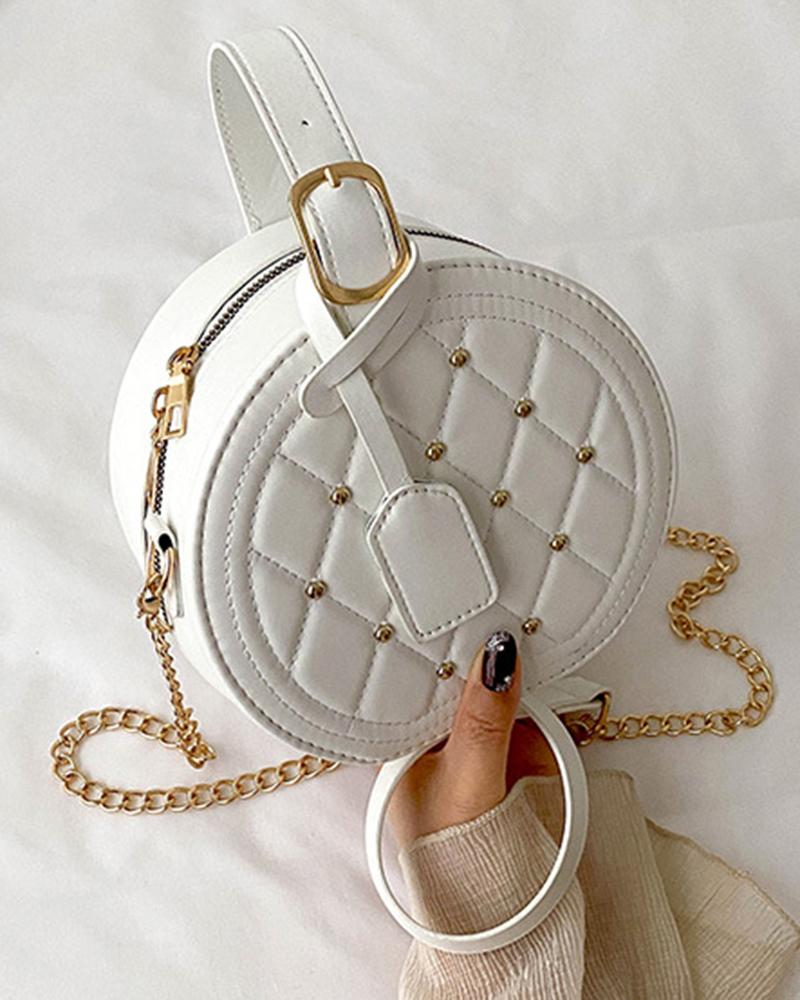 

Studded Quilted Round Crossbody Bag, White