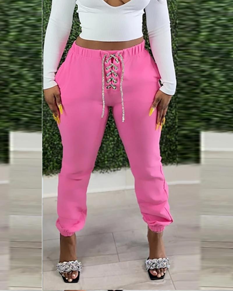 

Eyelet Lace Up Pocket Design Ruched Pants, Pink