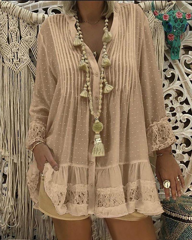 

Swiss Dot Lace Insert Ruffles Women Top, Khaki