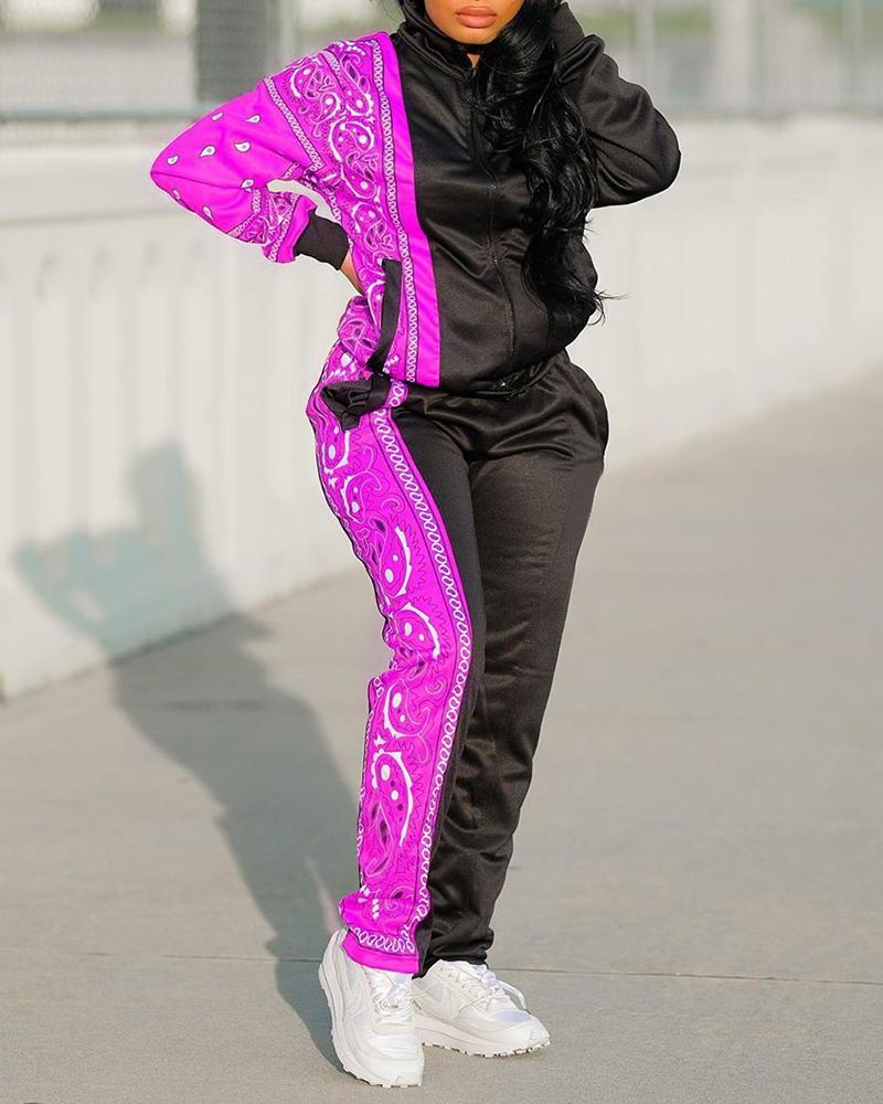 

Paisley Print Pocket Zipper Design Coat & Pants Set, Purple