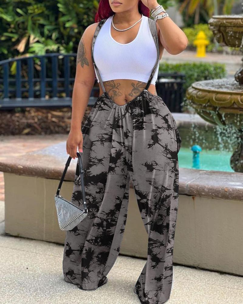 

Tie Dye Print Wide Leg Suspender Jumpsuit, Gray