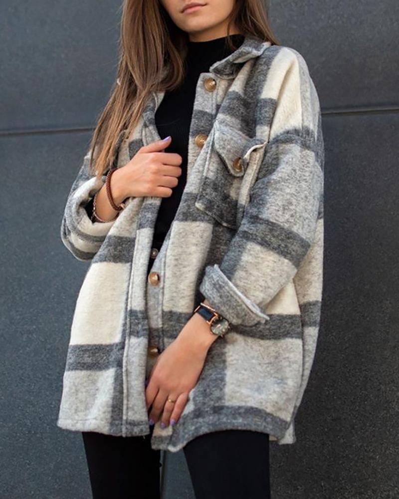 

Plaid Print Pocket Design Coat, Gray