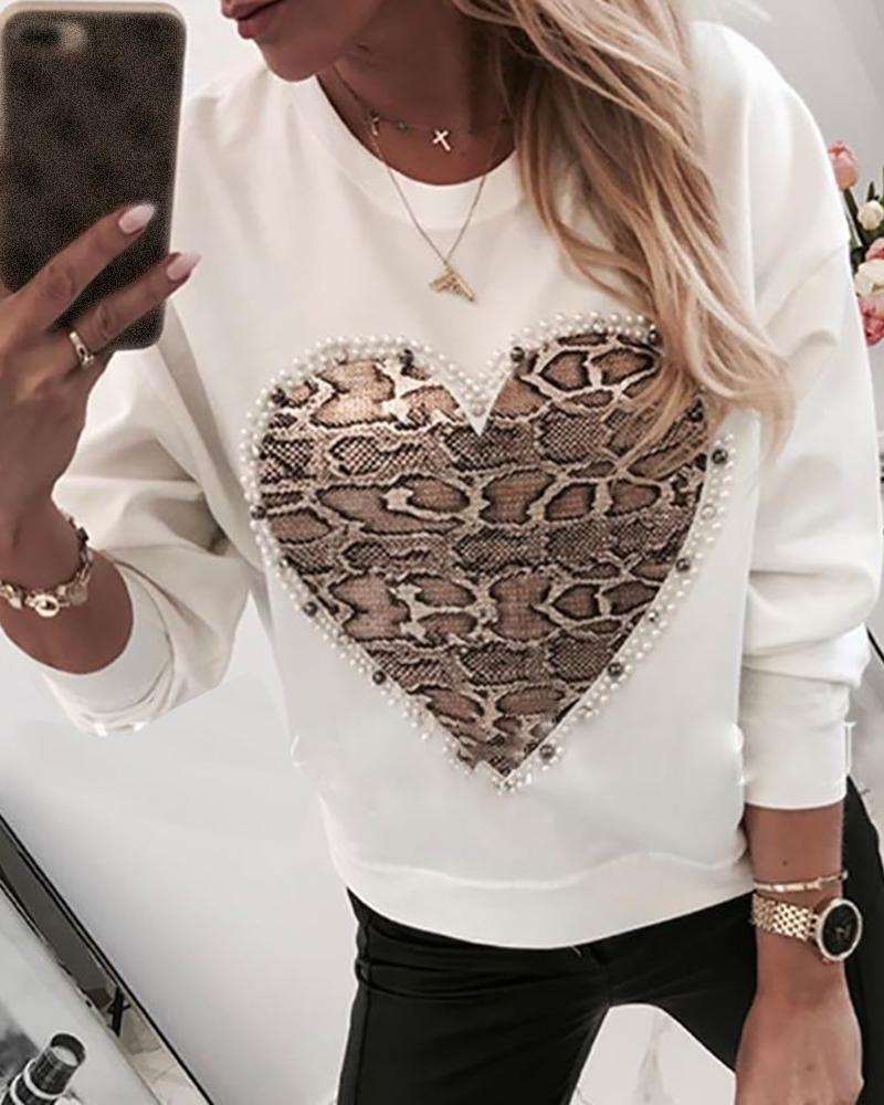 

Heart Pattern Snakeskin Print Casual Sweatshirt, White