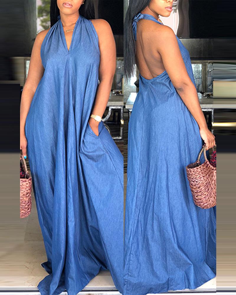 

Halter Backless Pocket Detail Maxi Dress, Blue