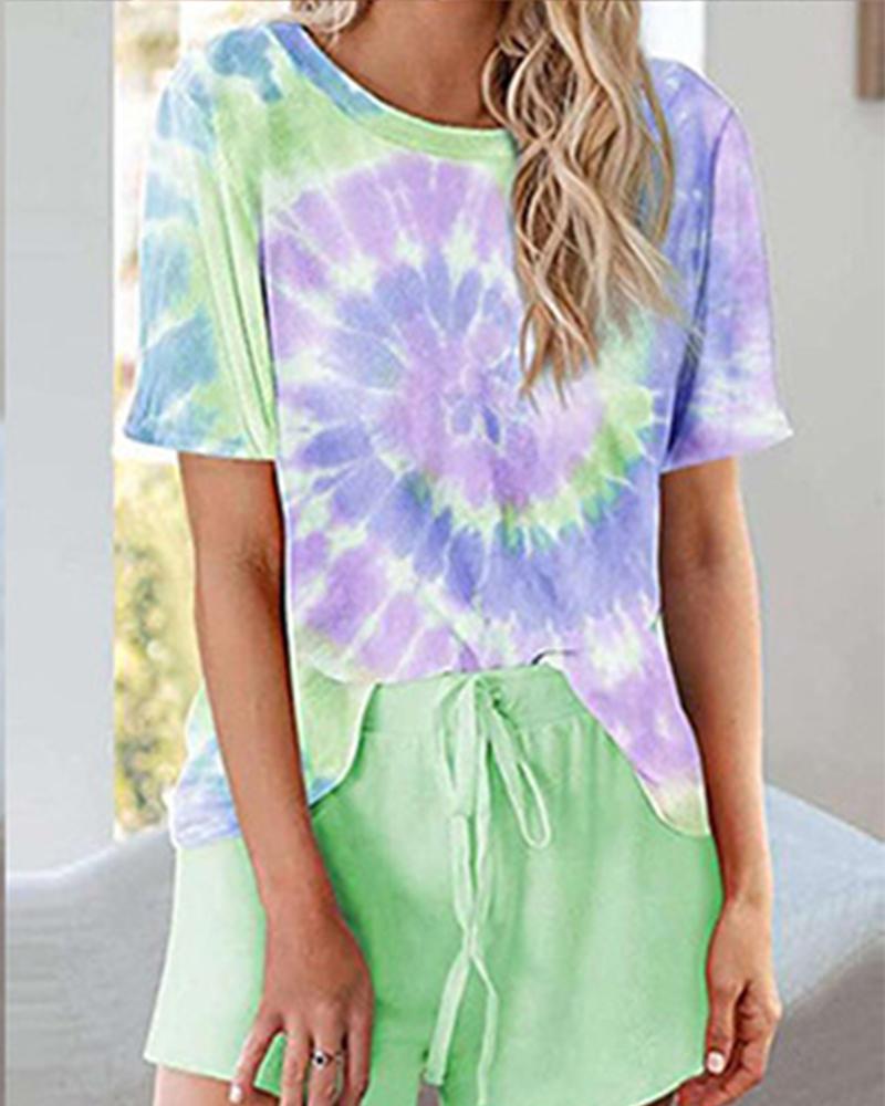 

Multicolor Tie Dye Short Sleeve T-shirt With Short Pants Suit Sets, Green