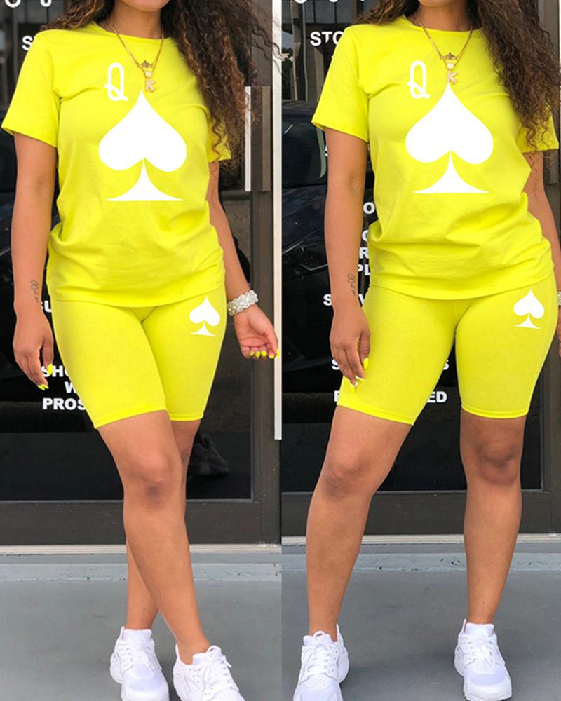 

Poker Print Short Sleeve Top & Skinny Shorts Set, Yellow