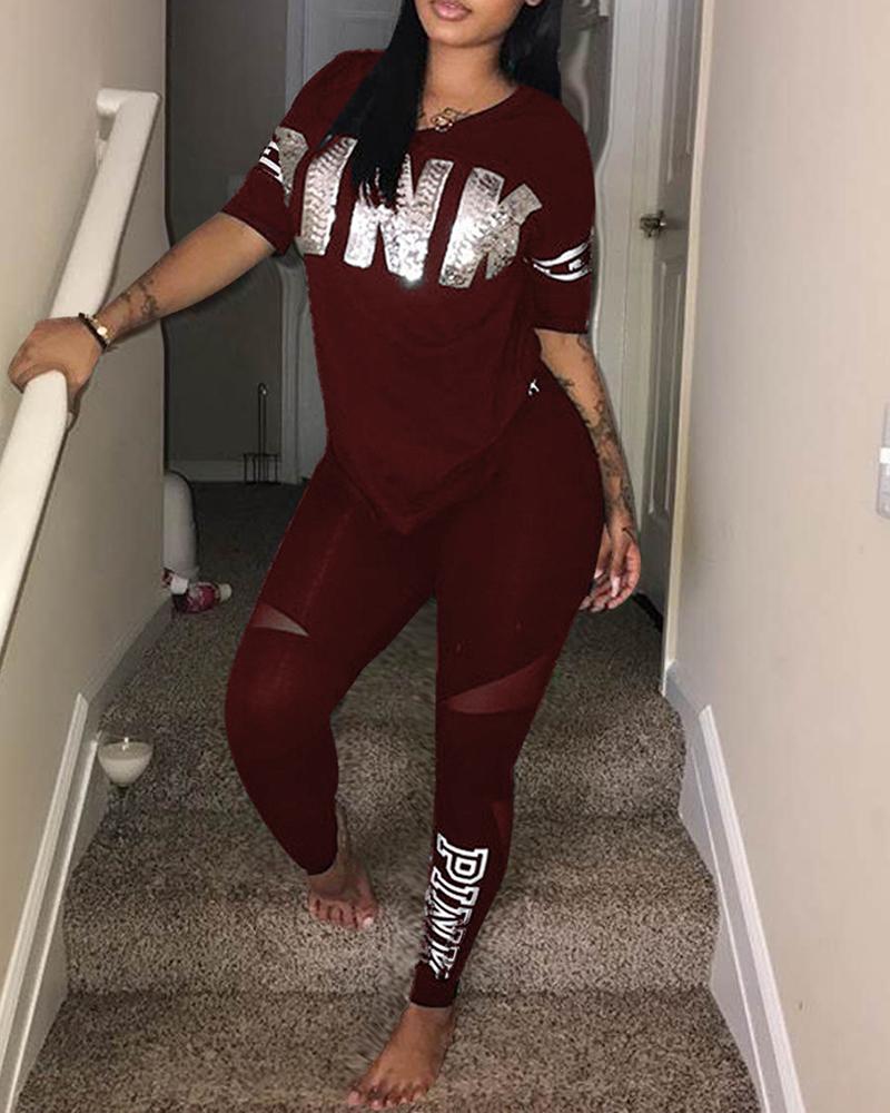 

Letter Print Fish Scales Decor Top & Pants Set, Wine red