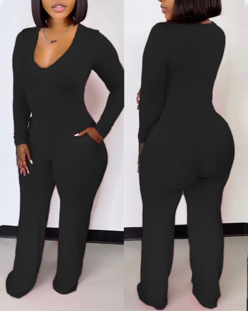 

Long Sleeve Plunge Pocket Detail Jumpsuit, Black