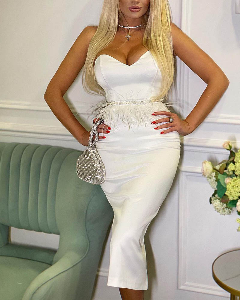 

Bandeau Belted Bodycon Evening Dress, White