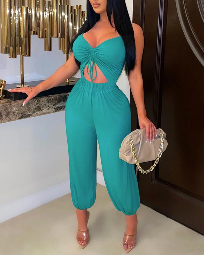 

Drawstring Spaghetti Strap Top & Harem Pants Set, Green