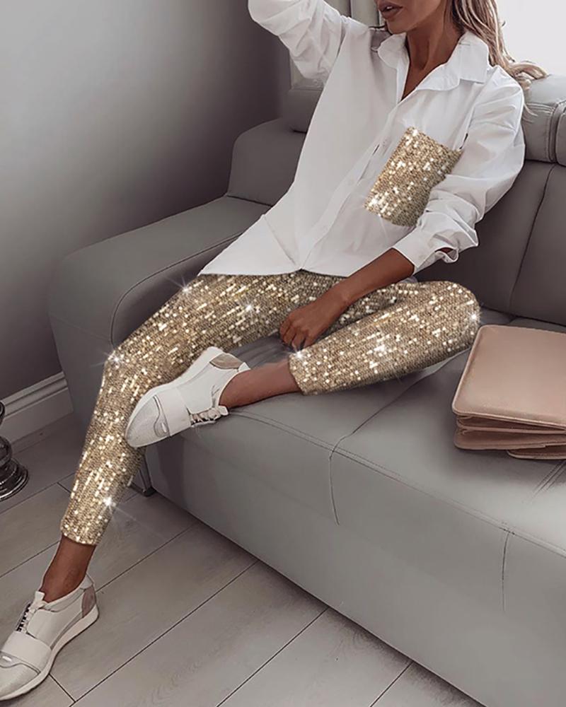 

Sequin Long Sleeve Top & Pant Sets, White