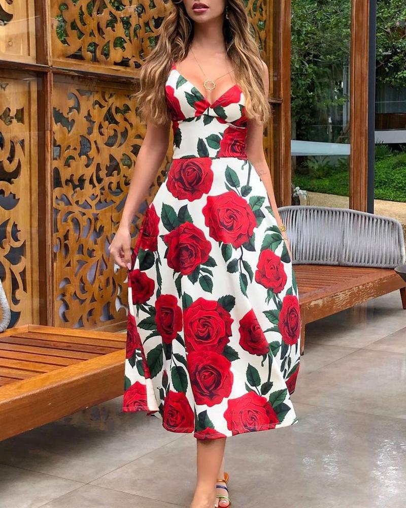 

Floral Print V-Neck Sleeveless Dress, Red