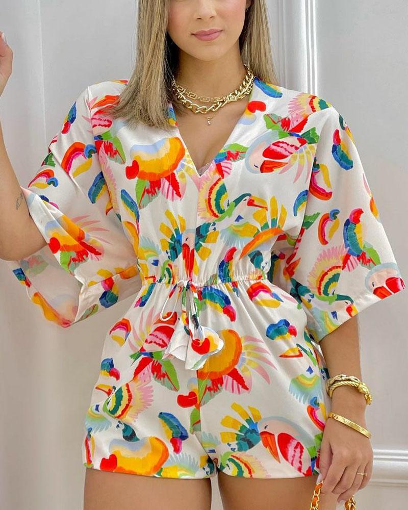 

Animal Pattern Print V-Neck Drawstring Waist Romper, Multicolor