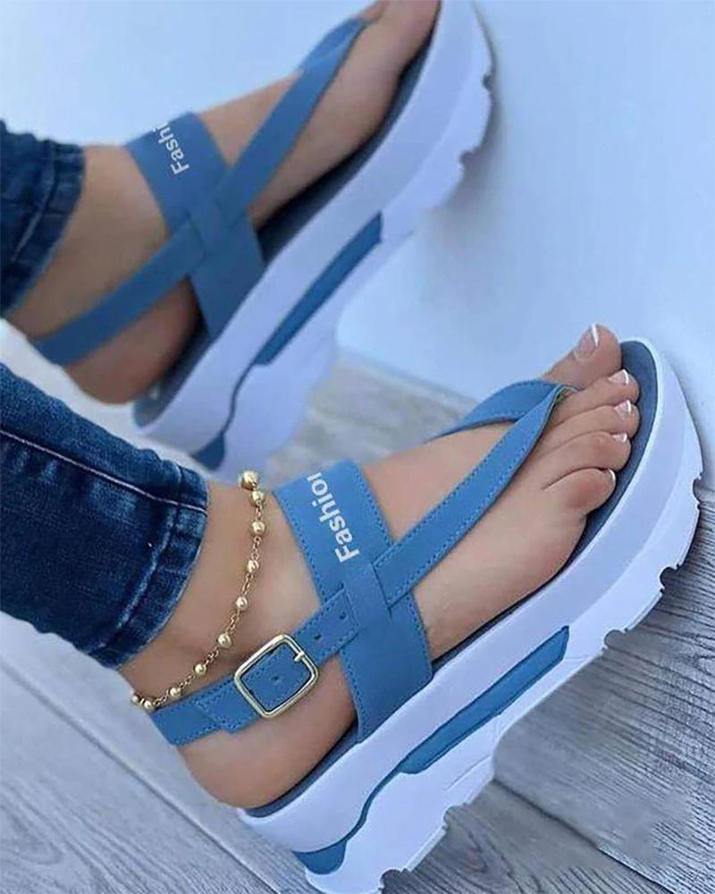 

Toe Post Letter Pattern Buckled Platform Sandals, Blue
