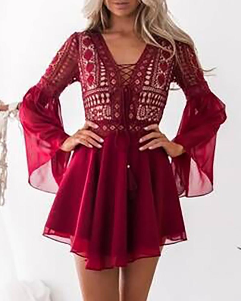 

Hollow Out Lace Strappy Bell Sleeve Casual Dress, Red