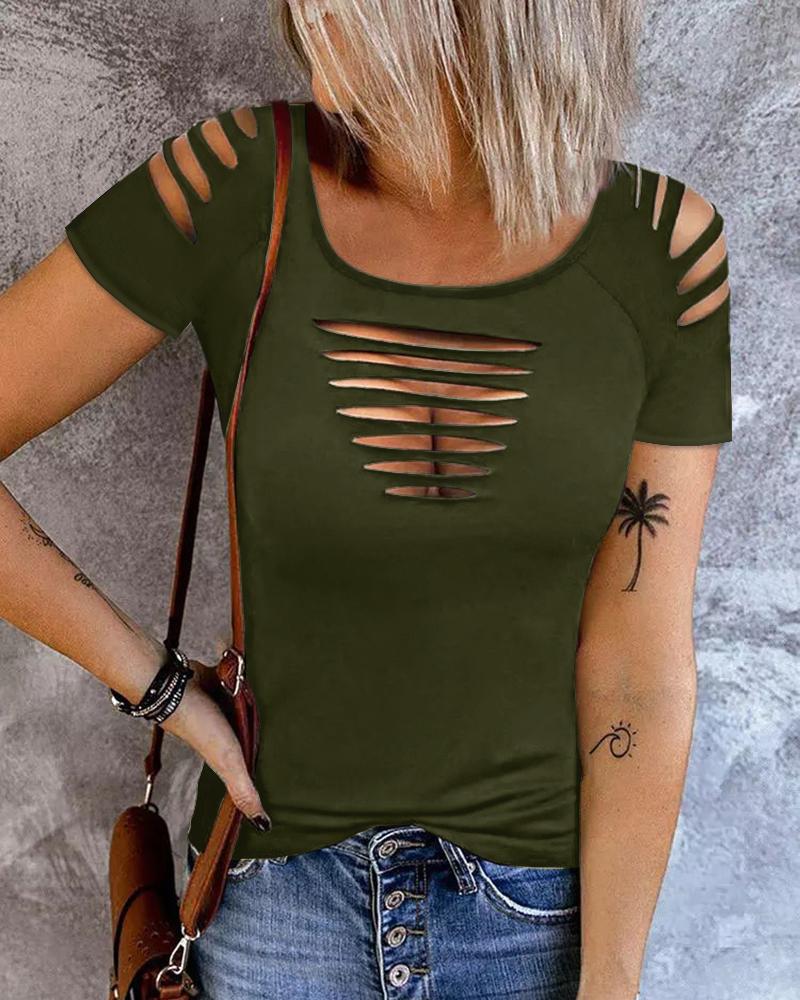 

Ladder Cutout Round Neck Casual T-shirt, Army green