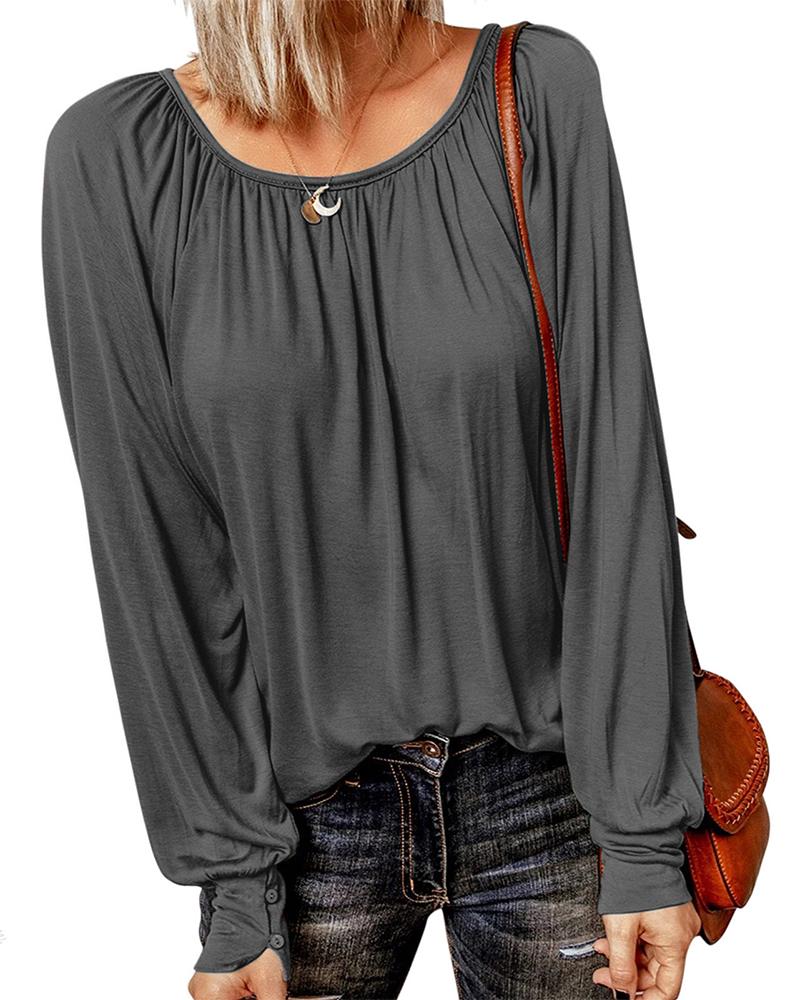 

Round Neck Long Sleeve Ruched Top, Gray