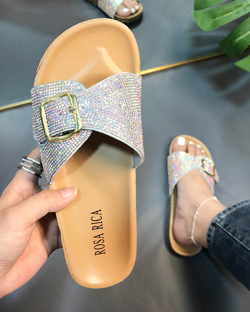 

Round-toe Rhinestone Buckle Platform Slippers, Multicolor