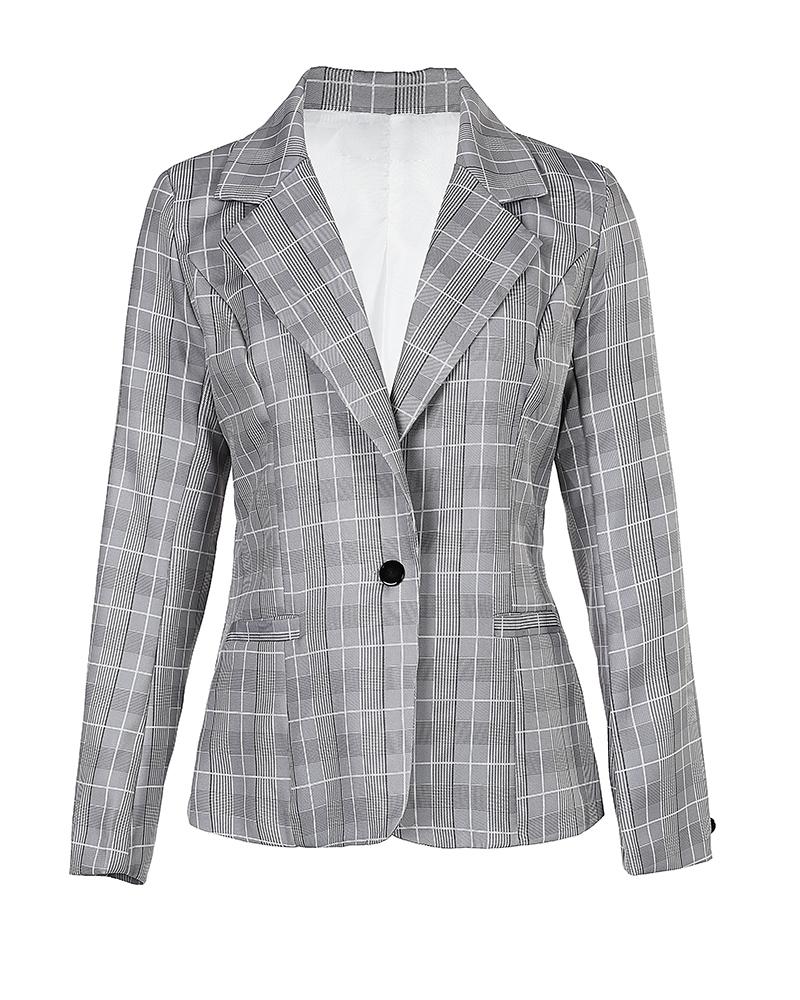 

Plaid Print Buttoned Long Sleeve Blazer Coat, Gray