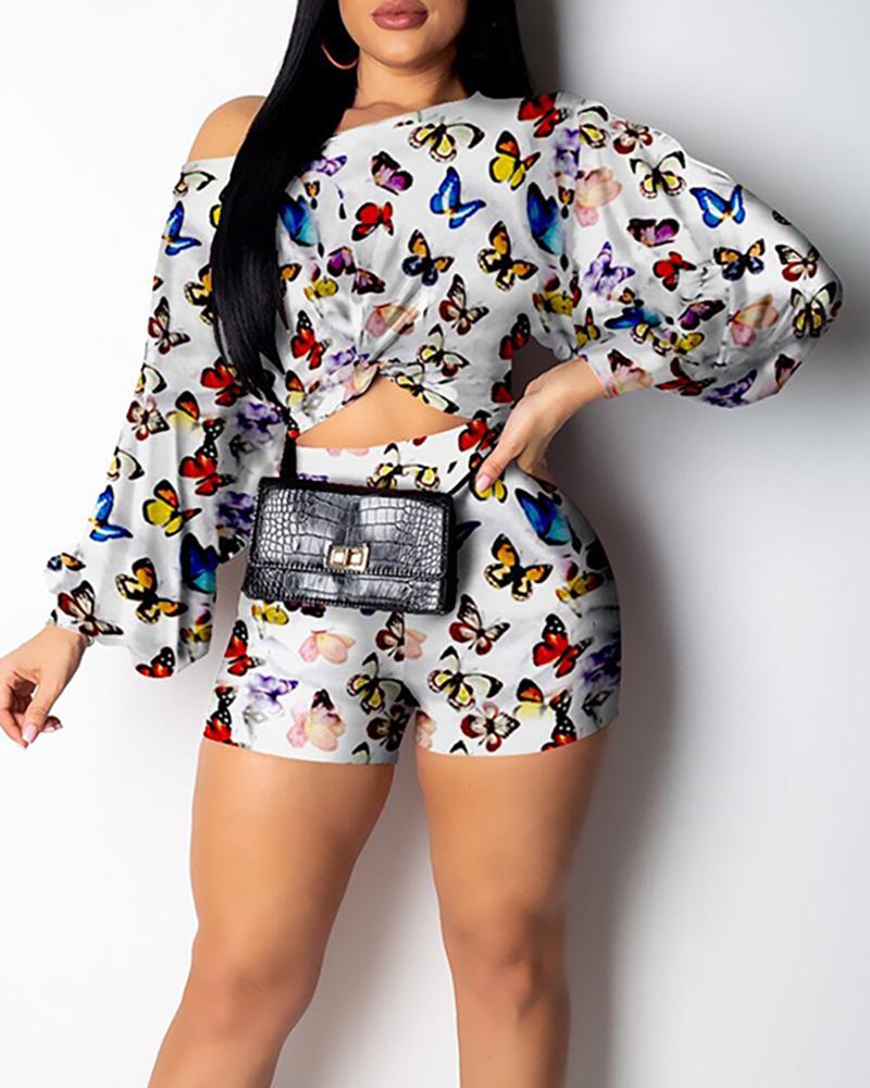 

Puffed Sleeve Print Top & Shorts Set, White