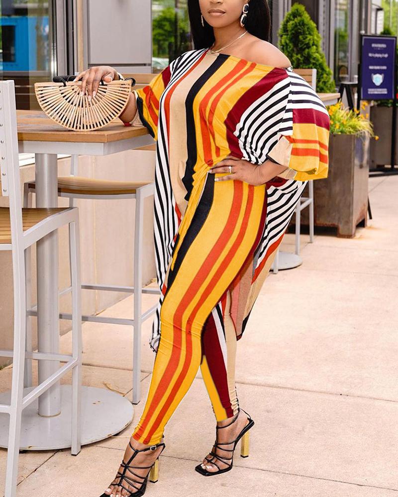 

Color Block Striped Long Sleeve Blouse & Pants Set, Yellow