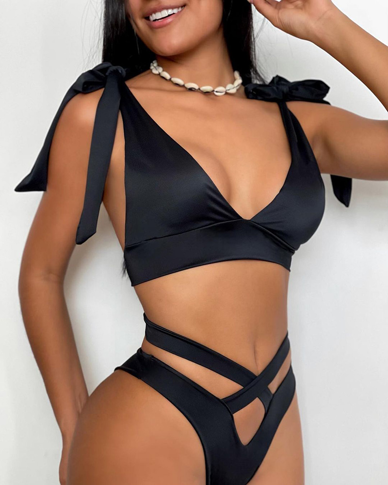 

Tied Detail Cutout Bikini Set, Black