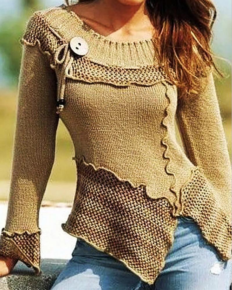 

Colorblock Long Sleeve Hollow Out Sweater, Khaki